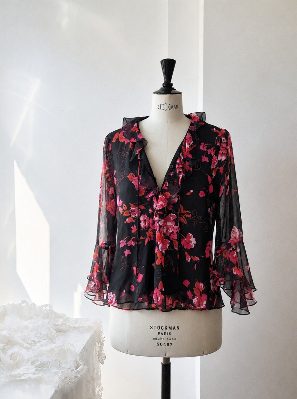 Vintage Black Floral Ruffle Blouse